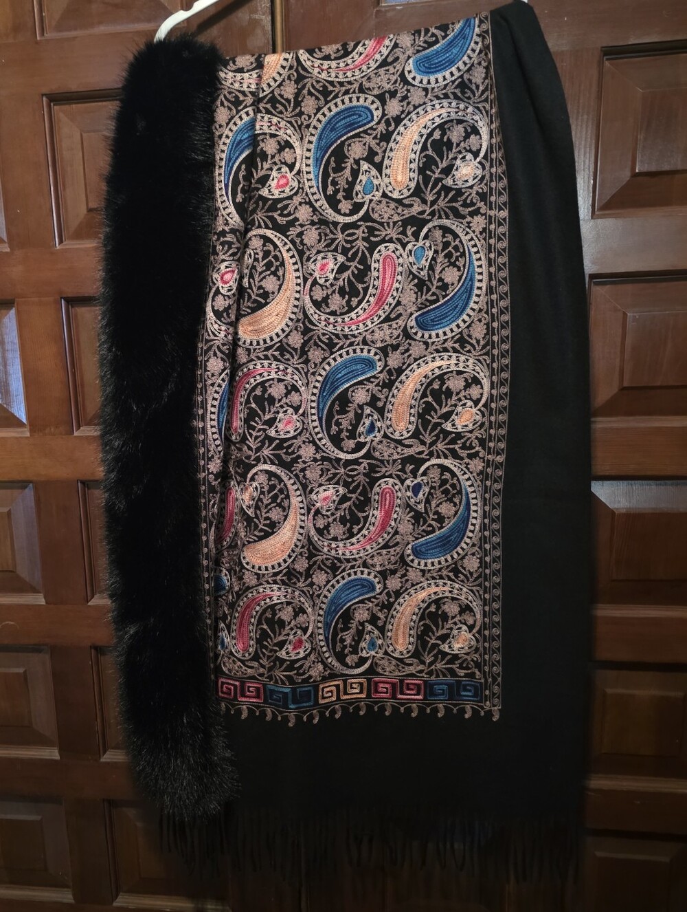 Black Paisley Embroidered Scarf with Faux Fur Trim Length 73 " Width 29"